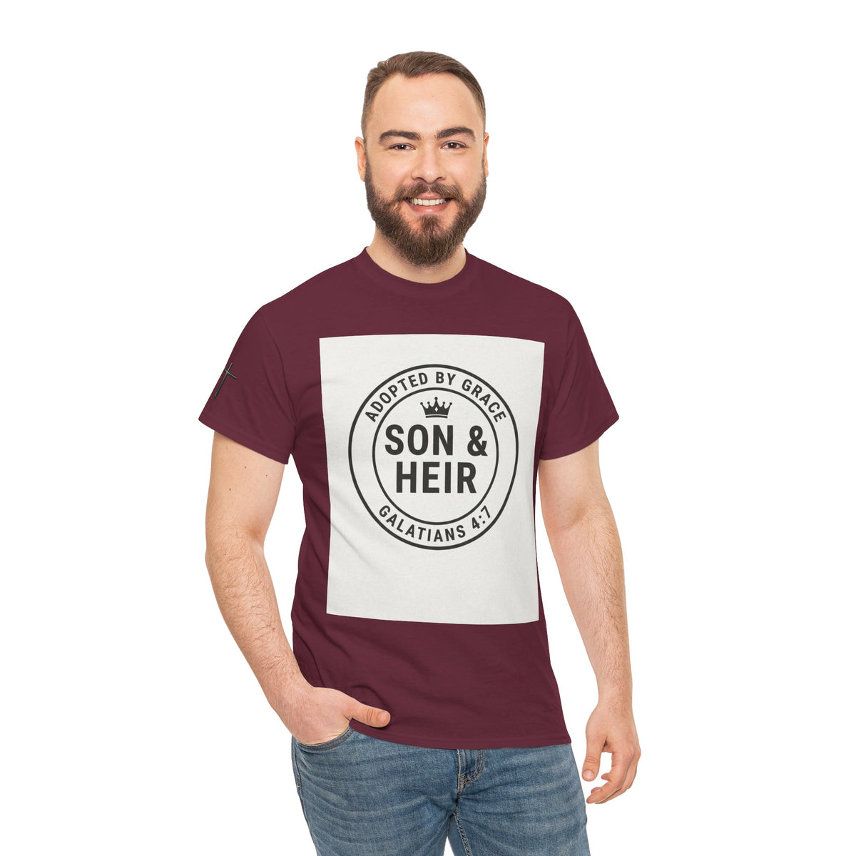 Christian Son & Heir T-Shirt — 'Adopted by Grace' Faith Tee with Jesus Prayer Design