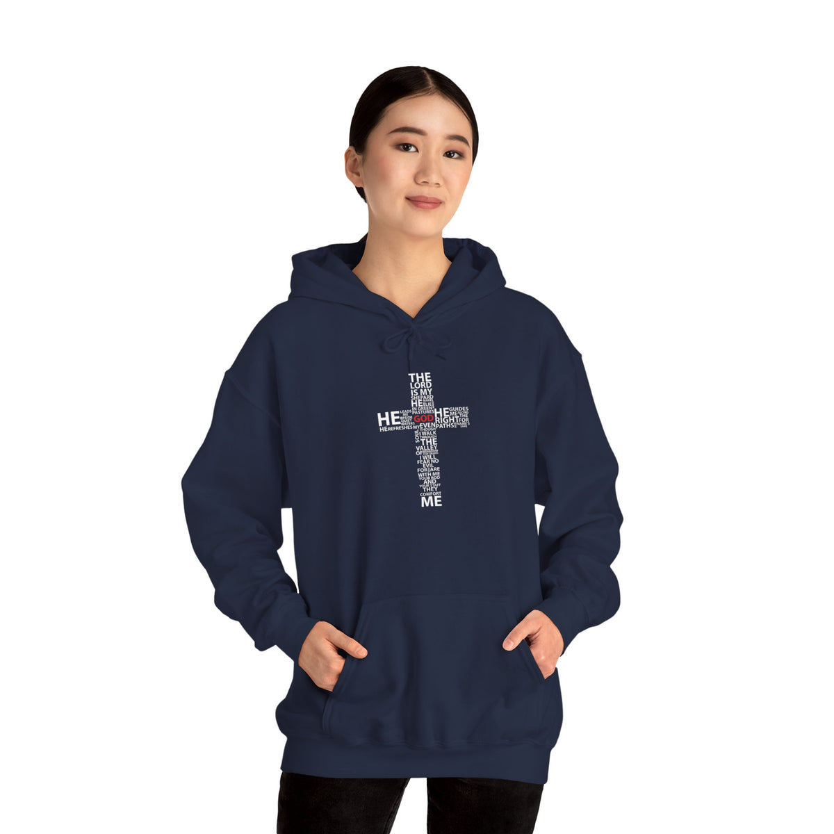Christian Cross Hoodie - "He Renewed Me" Word Cloud Faith Sweatshirt