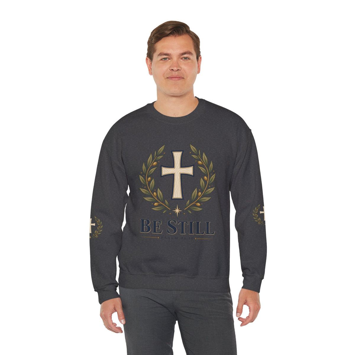 Crewneck Sweatshirt — "Be Still" Psalm 46:10 Christian Cross Design