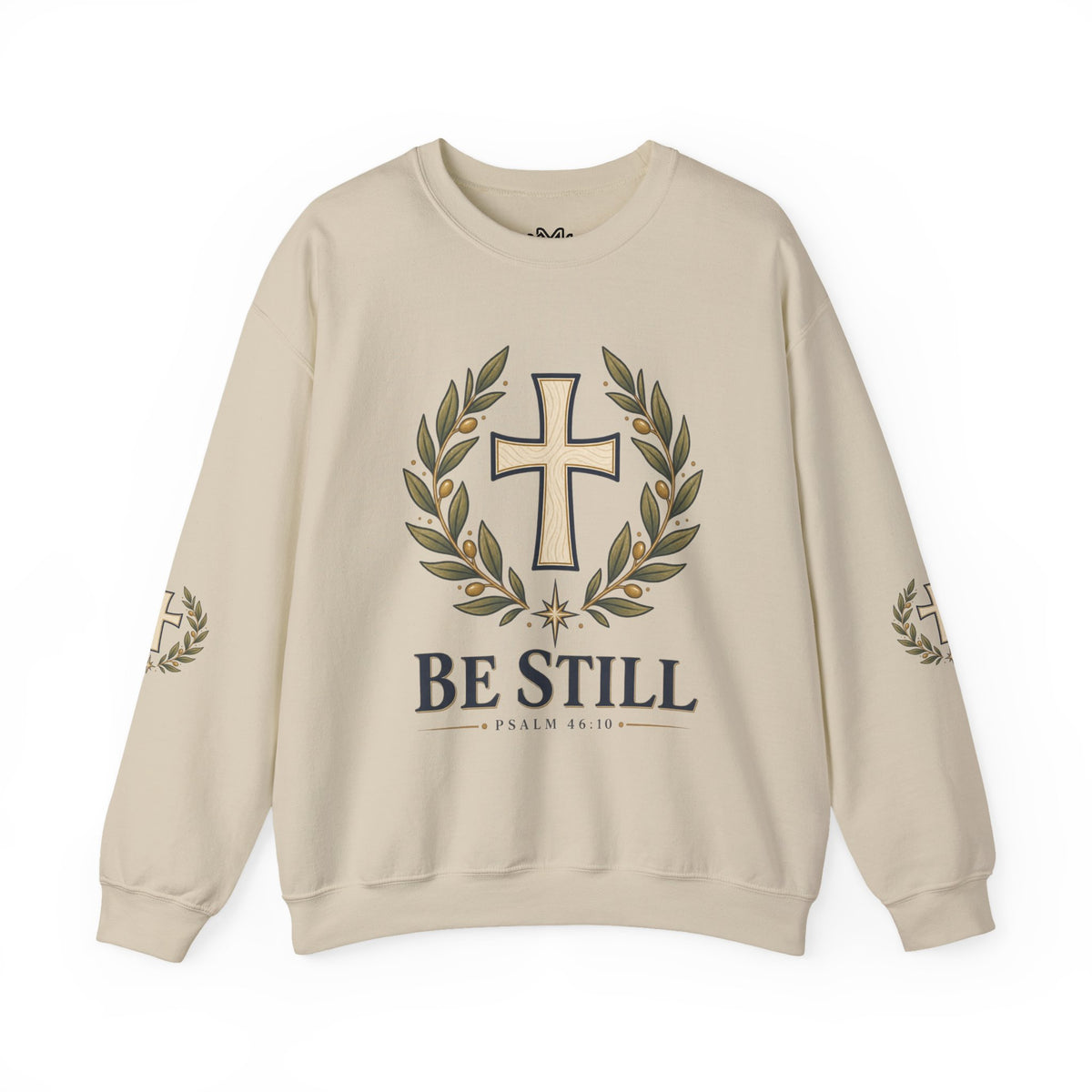 Crewneck Sweatshirt — "Be Still" Psalm 46:10 Christian Cross Design