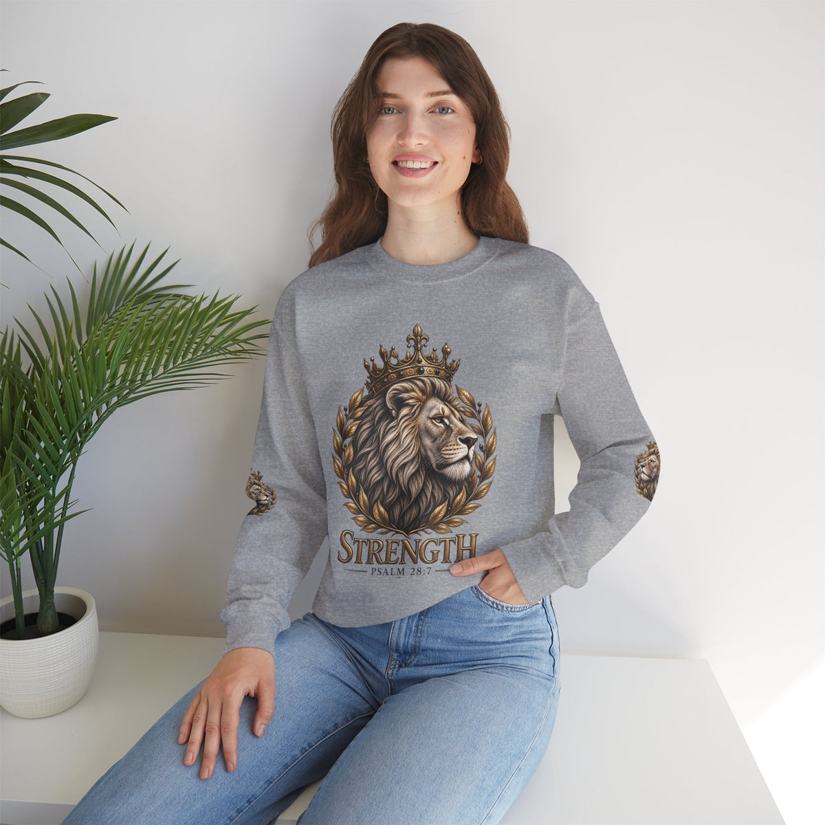Strength Lion Crewneck Sweatshirt — Psalm 28:7 Inspirational Pullover