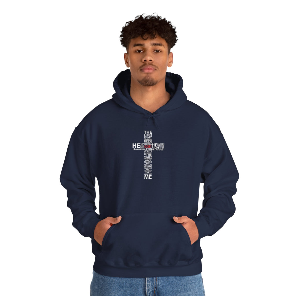Christian Cross Hoodie - "He Renewed Me" Word Cloud Faith Sweatshirt