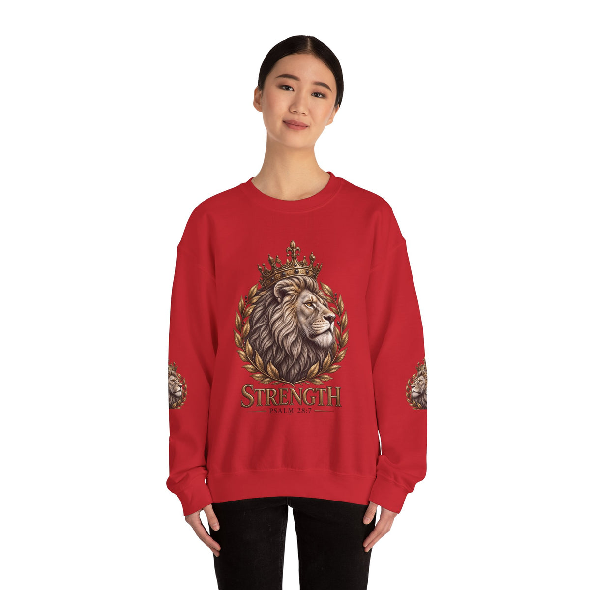 Strength Lion Crewneck Sweatshirt — Psalm 28:7 Inspirational Pullover