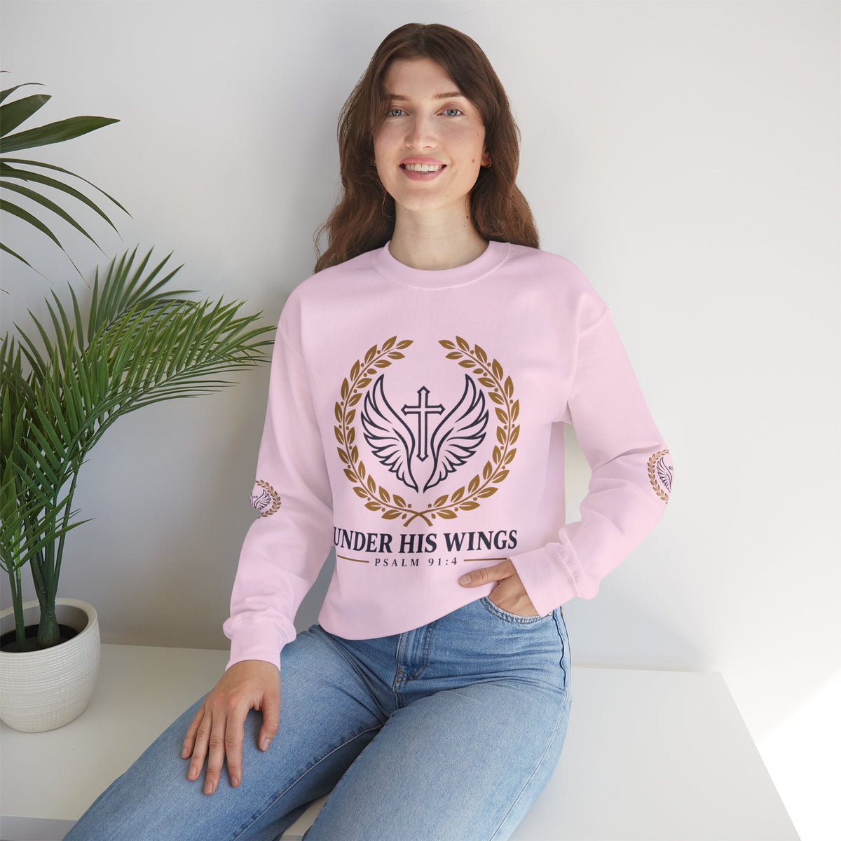 Religious Crewneck Sweatshirt – “Under His Wings” Psalm 91:4 Christian Pullover