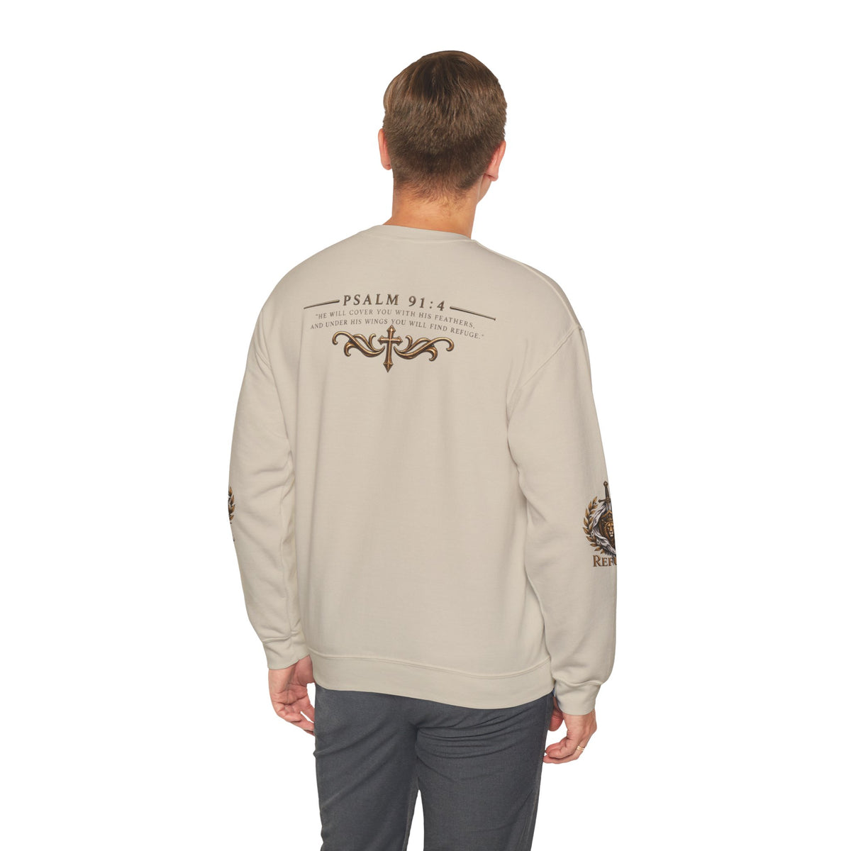 Crewneck Sweatshirt — 'Refuge' Lion & Sword Psalm 91:4 Christian Pullover