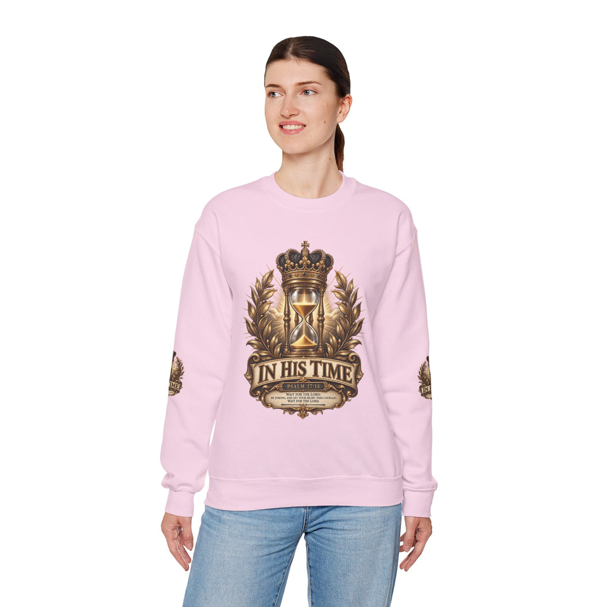 In His Time Crewneck Sweatshirt – Inspirational Christian Scripture Hourglass Design