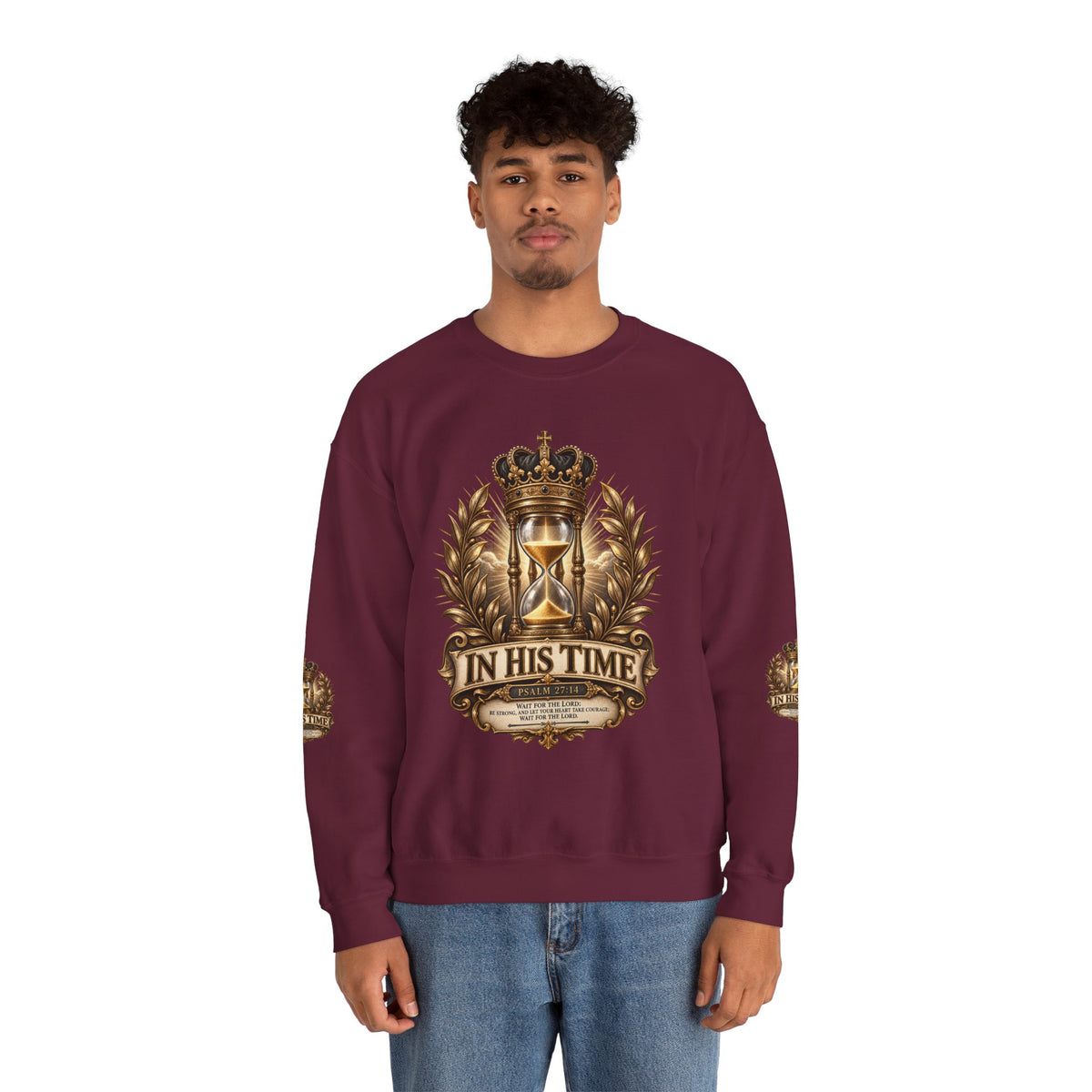 In His Time Crewneck Sweatshirt – Inspirational Christian Scripture Hourglass Design
