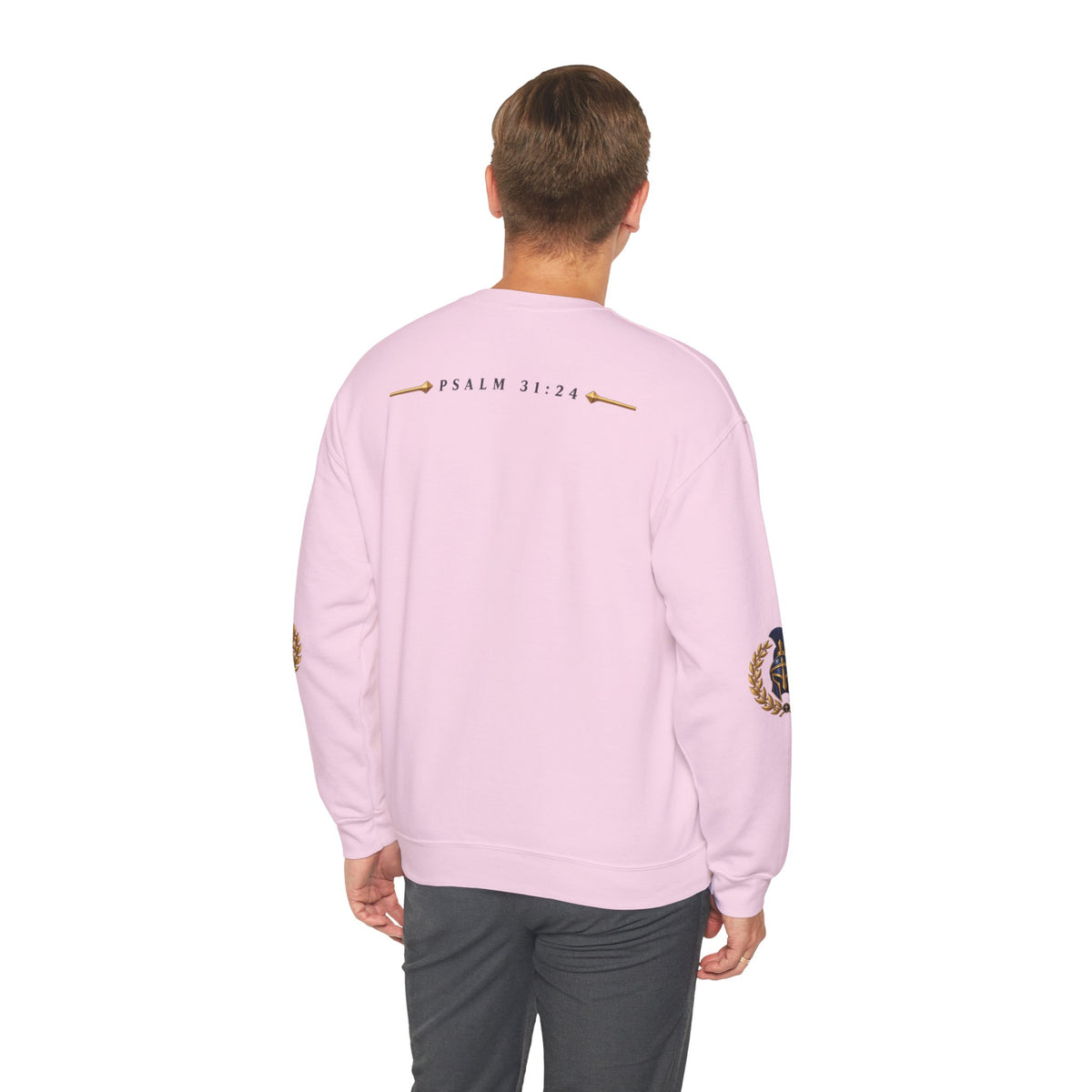 Crewneck Sweatshirt — "Be Strong and Take Heart" Psalm 31:24 Spartan Helmet Design