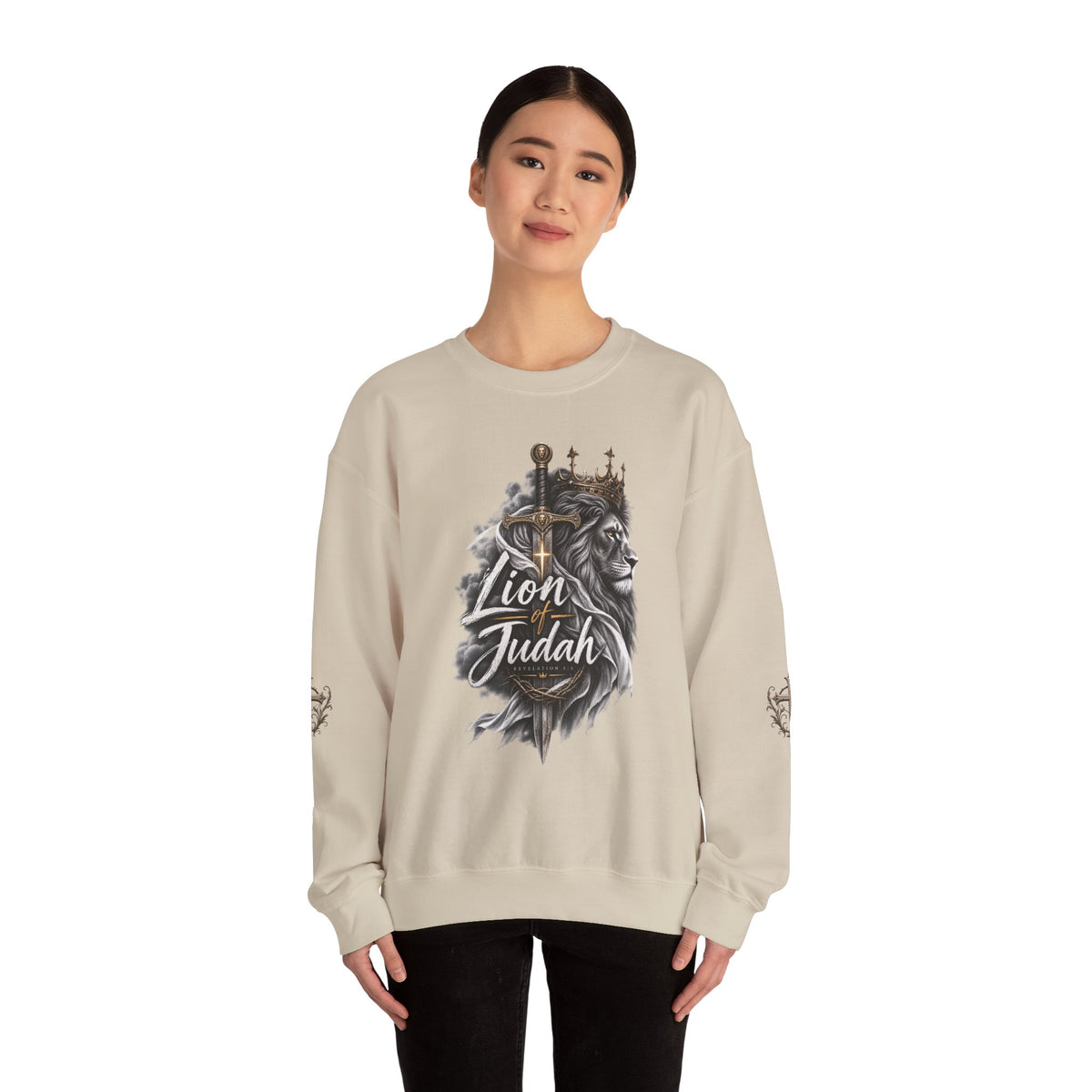Lion of Judah Sweatshirt — Christian Lion Crewneck with Crown & Ichthys Back