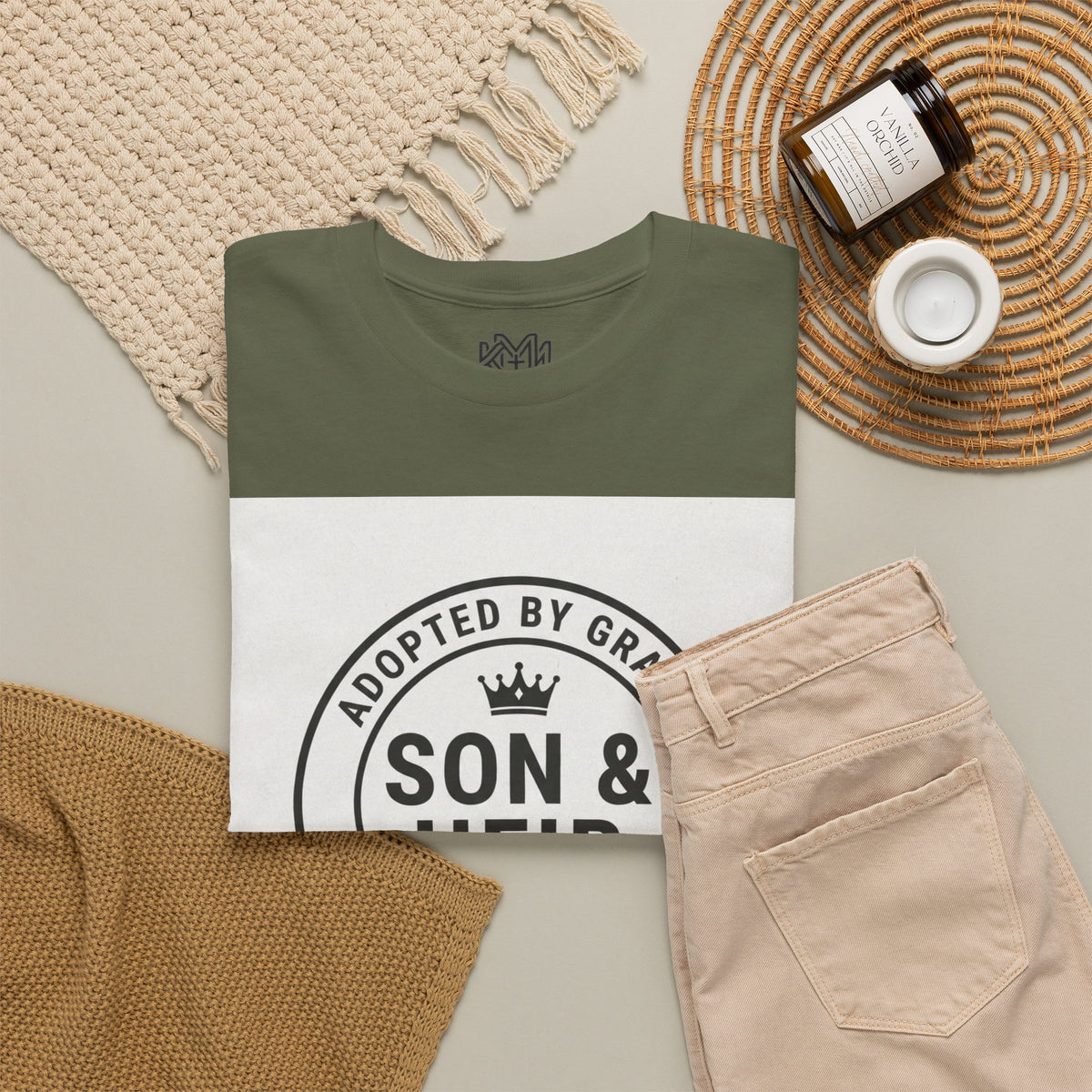 Christian Son & Heir T-Shirt — 'Adopted by Grace' Faith Tee with Jesus Prayer Design