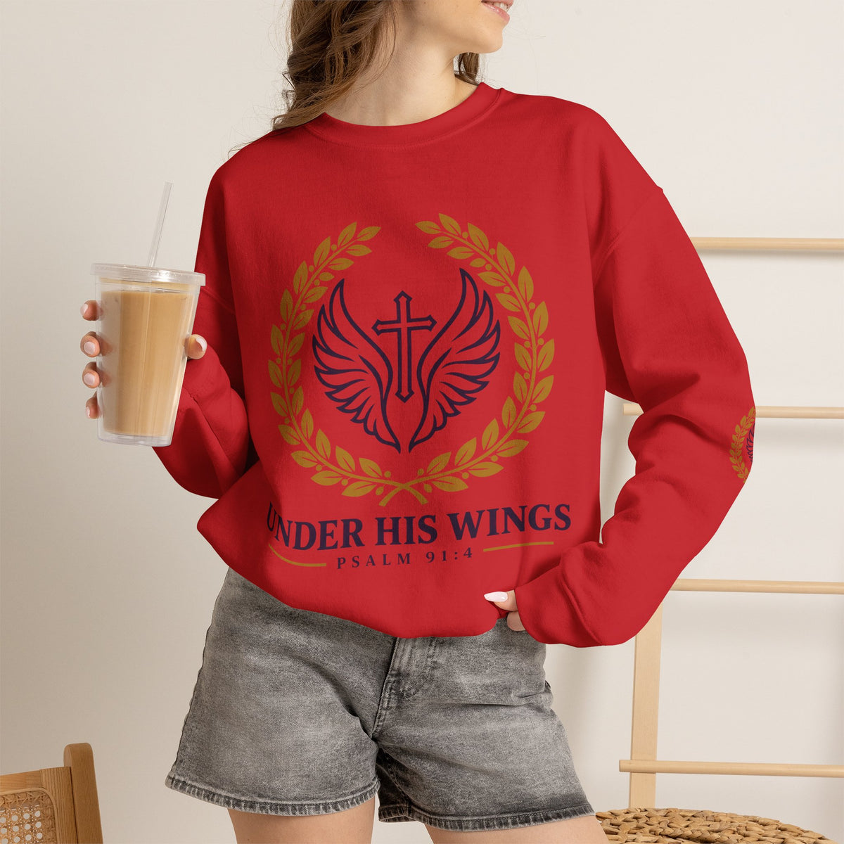 Religious Crewneck Sweatshirt – “Under His Wings” Psalm 91:4 Christian Pullover