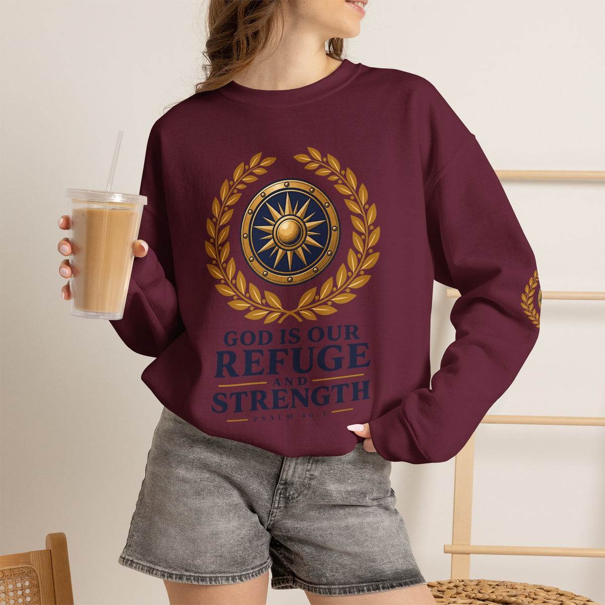Crewneck Sweatshirt — “God Is Our Refuge and Strength” Psalm 46:1 Christian Faith Pullover