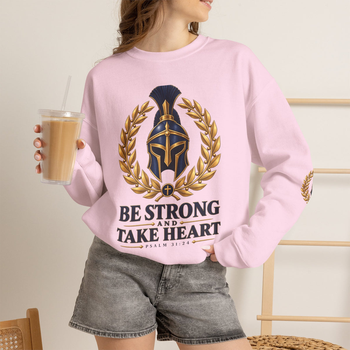 Crewneck Sweatshirt — "Be Strong and Take Heart" Psalm 31:24 Spartan Helmet Design