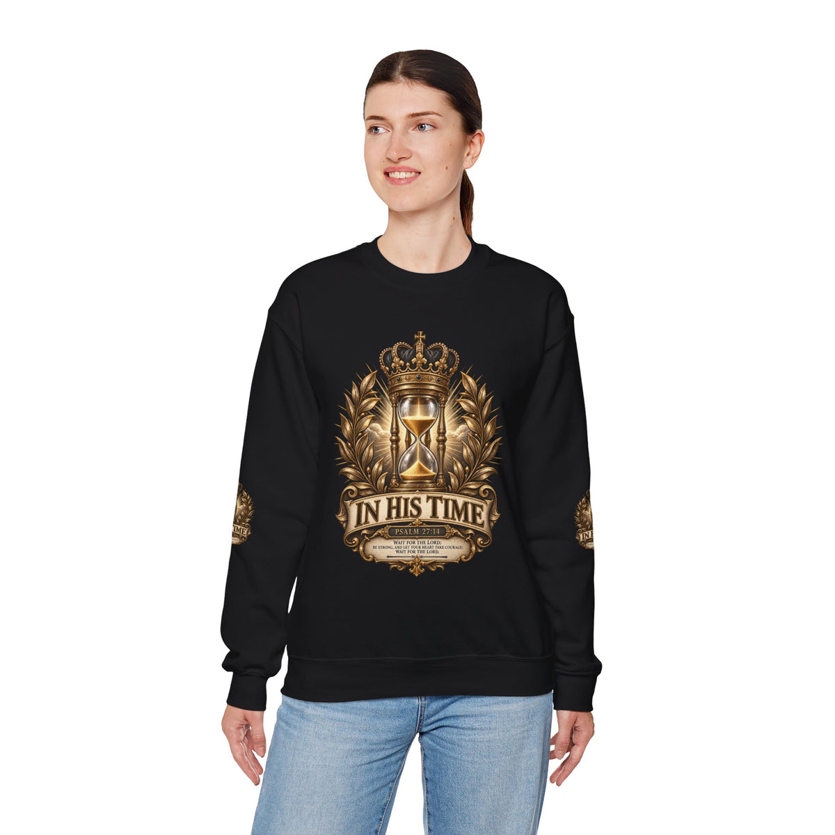 In His Time Crewneck Sweatshirt – Inspirational Christian Scripture Hourglass Design