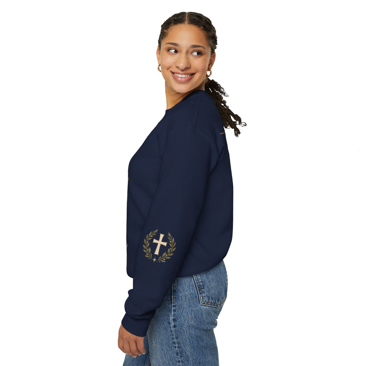 Crewneck Sweatshirt — "Be Still" Psalm 46:10 Christian Cross Design