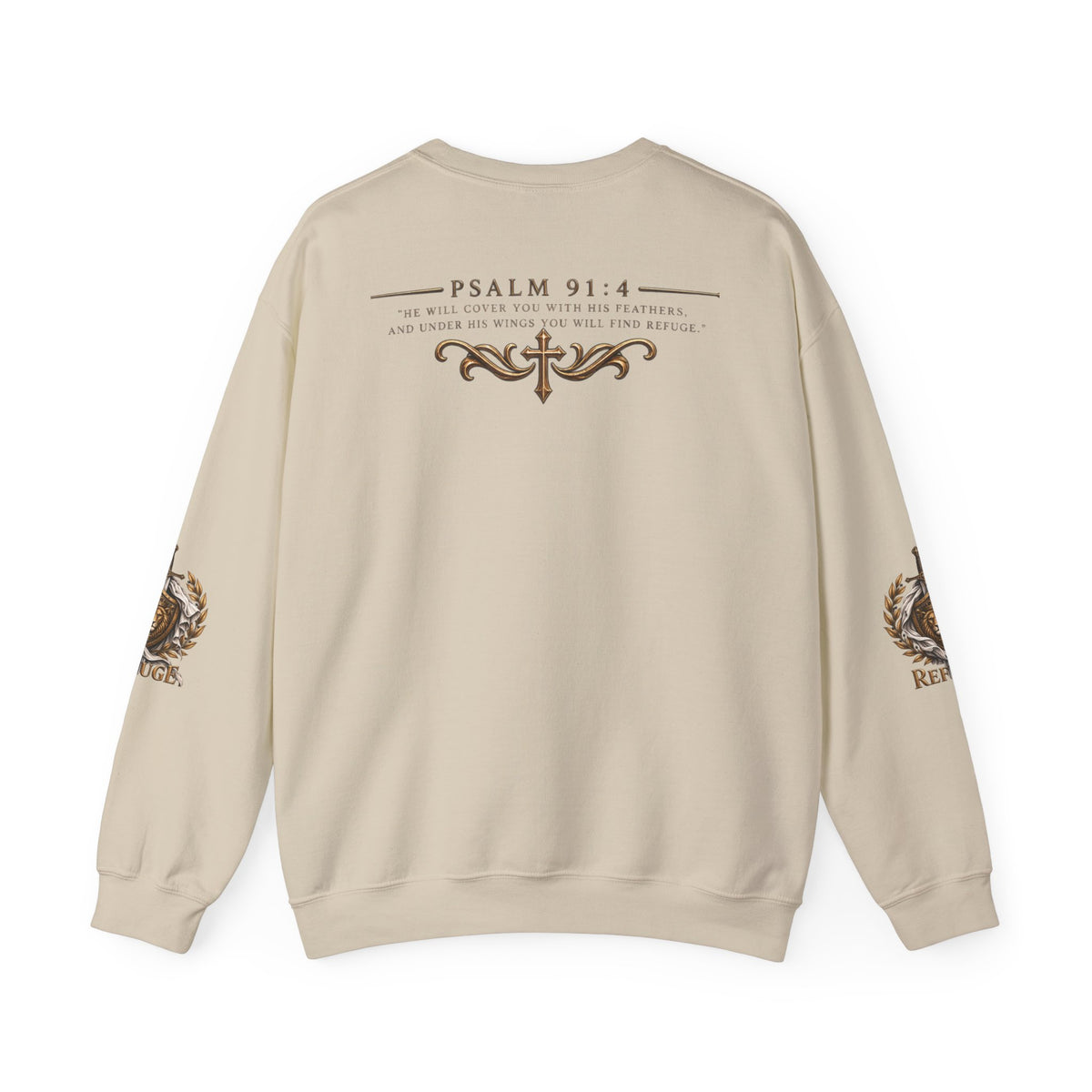 Crewneck Sweatshirt — 'Refuge' Lion & Sword Psalm 91:4 Christian Pullover