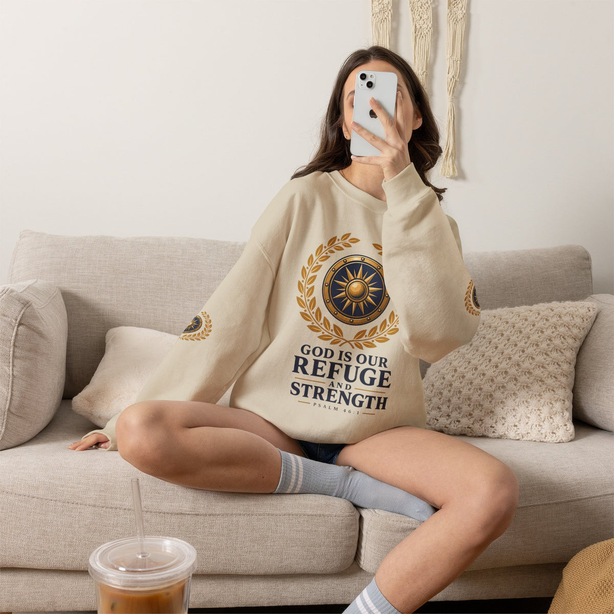 Crewneck Sweatshirt — “God Is Our Refuge and Strength” Psalm 46:1 Christian Faith Pullover