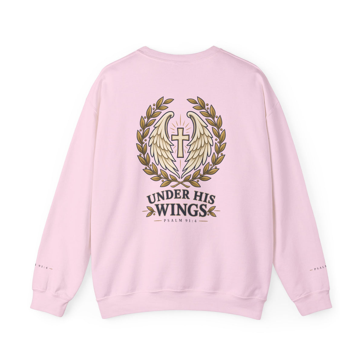 Under His Wings Crewneck Sweatshirt — Christian Cross & Angel Wings Psalm Design
