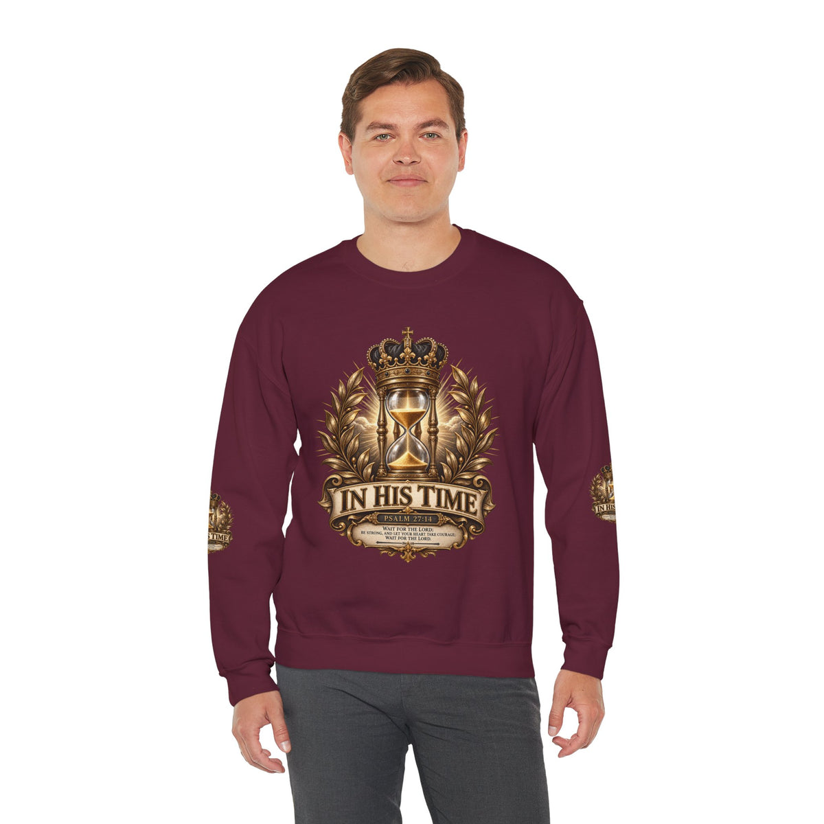In His Time Crewneck Sweatshirt – Inspirational Christian Scripture Hourglass Design