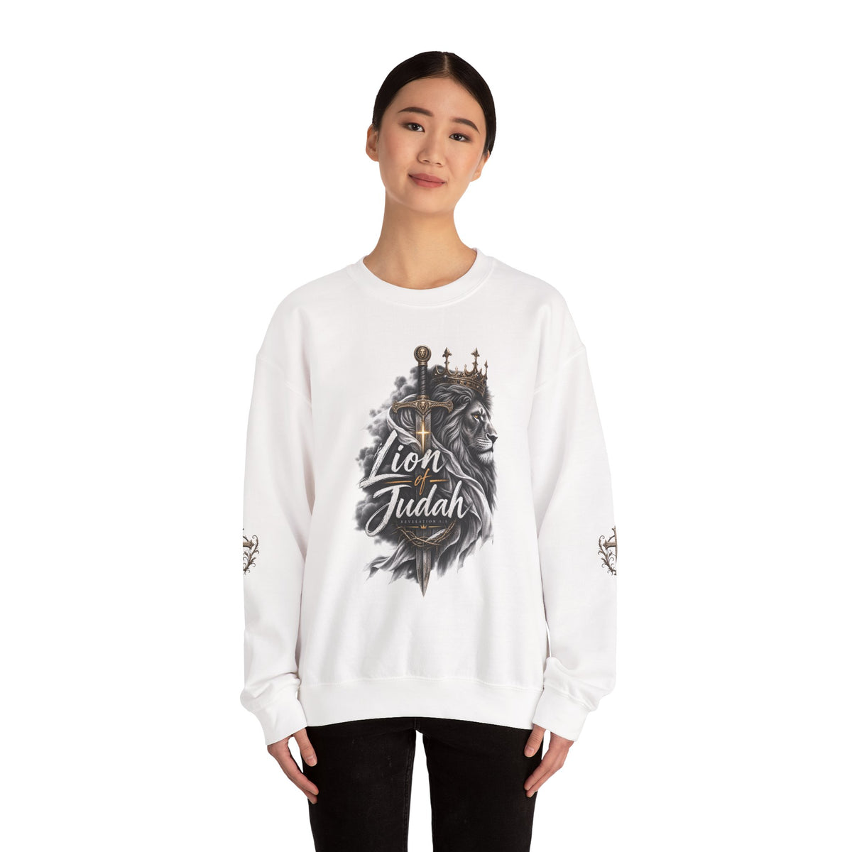Lion of Judah Sweatshirt — Christian Lion Crewneck with Crown & Ichthys Back