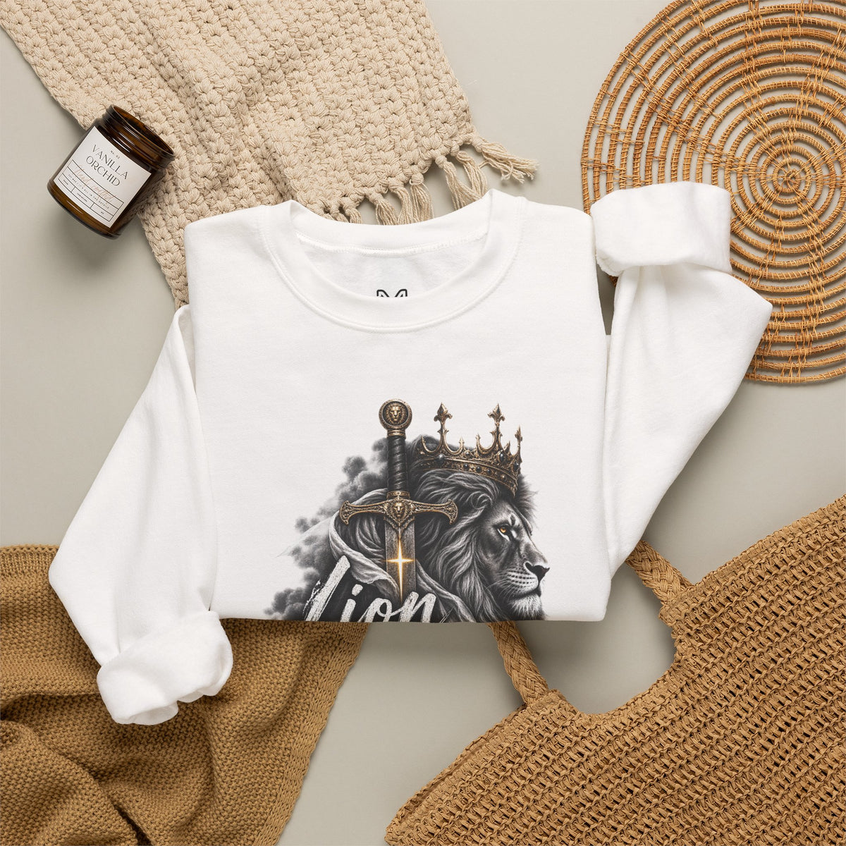 Lion of Judah Sweatshirt — Christian Lion Crewneck with Crown & Ichthys Back