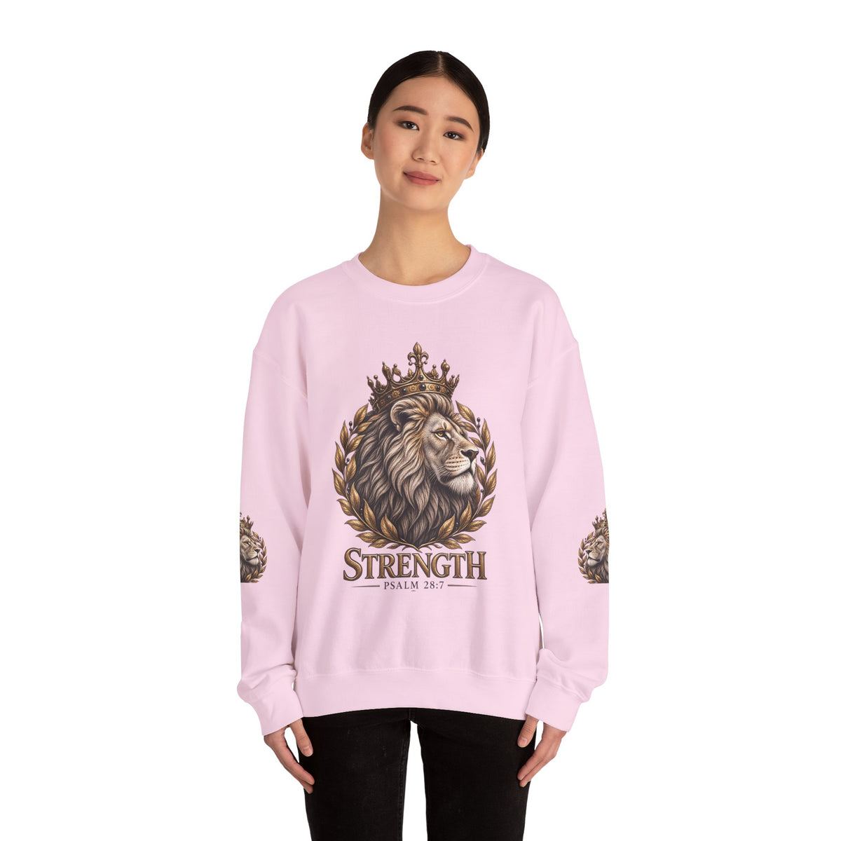 Strength Lion Crewneck Sweatshirt — Psalm 28:7 Inspirational Pullover
