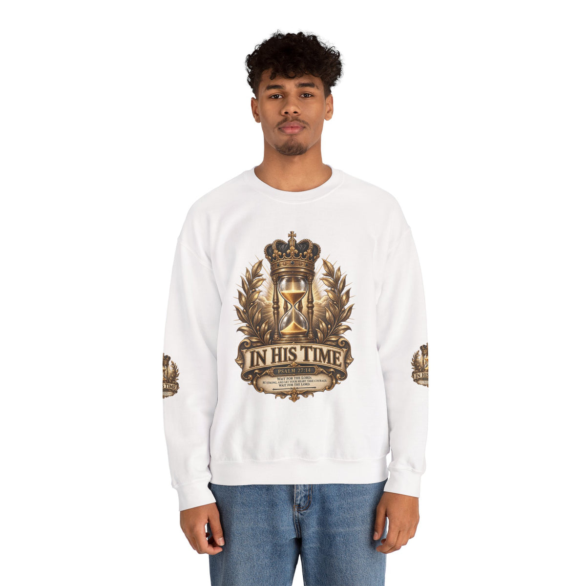 In His Time Crewneck Sweatshirt – Inspirational Christian Scripture Hourglass Design