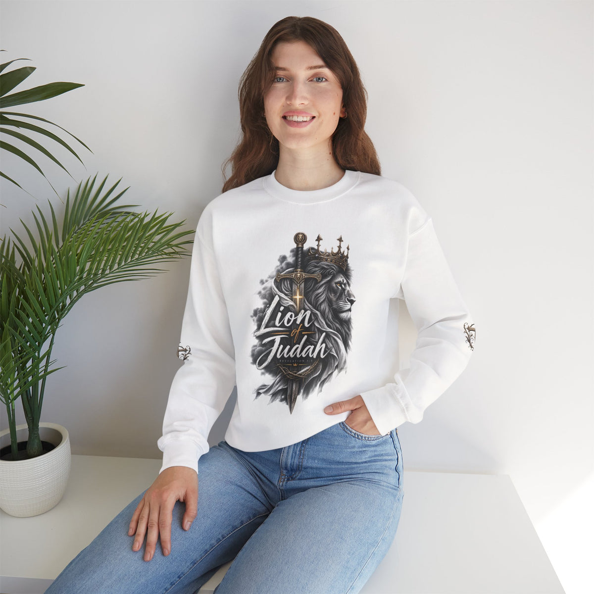 Lion of Judah Sweatshirt — Christian Lion Crewneck with Crown & Ichthys Back