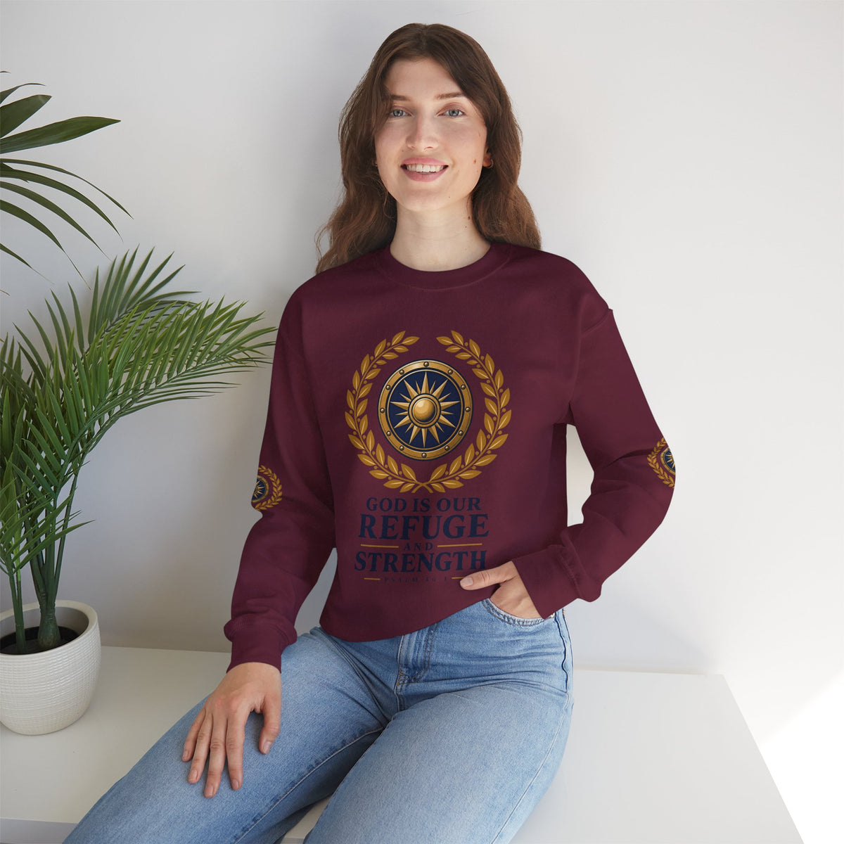 Crewneck Sweatshirt — “God Is Our Refuge and Strength” Psalm 46:1 Christian Faith Pullover