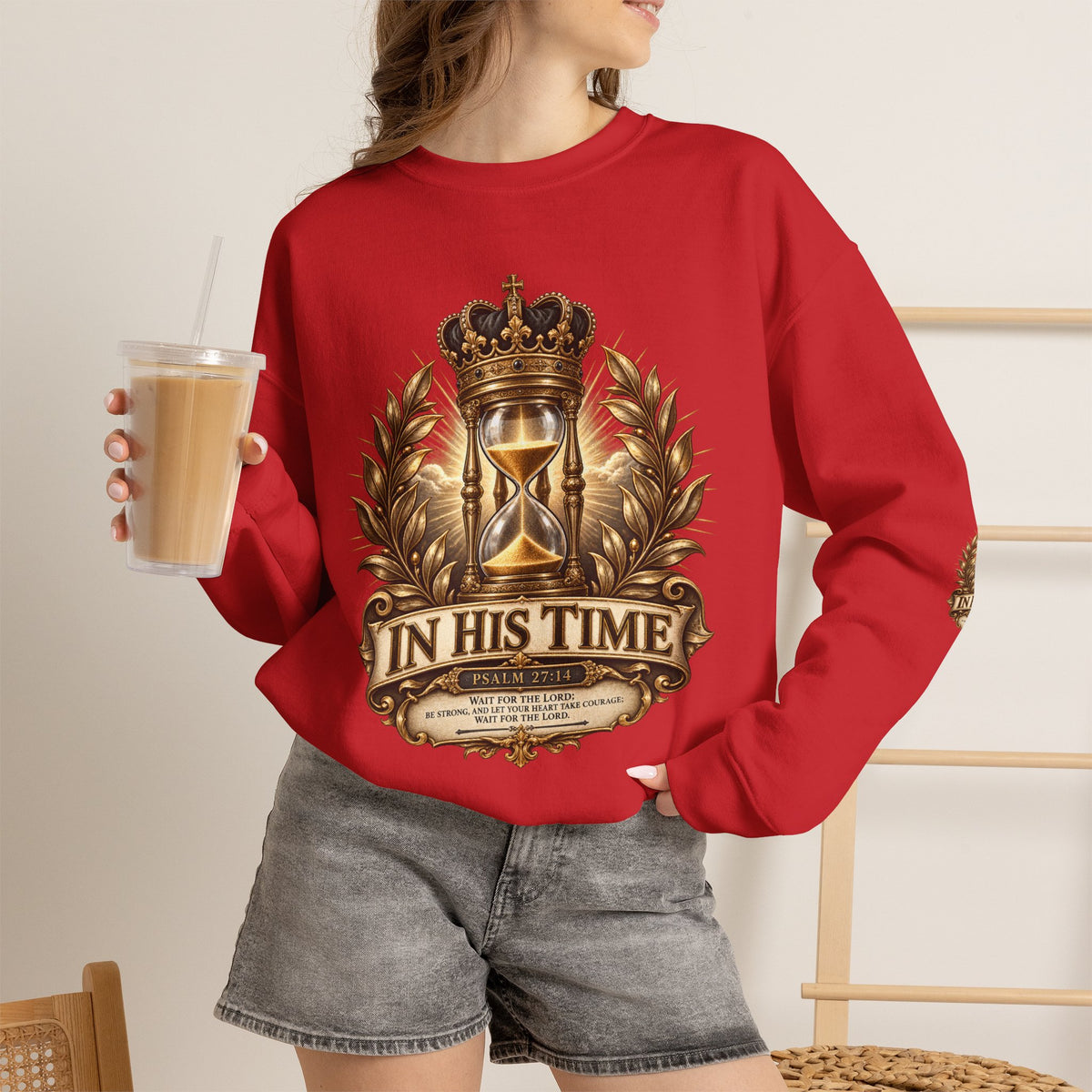 In His Time Crewneck Sweatshirt – Inspirational Christian Scripture Hourglass Design