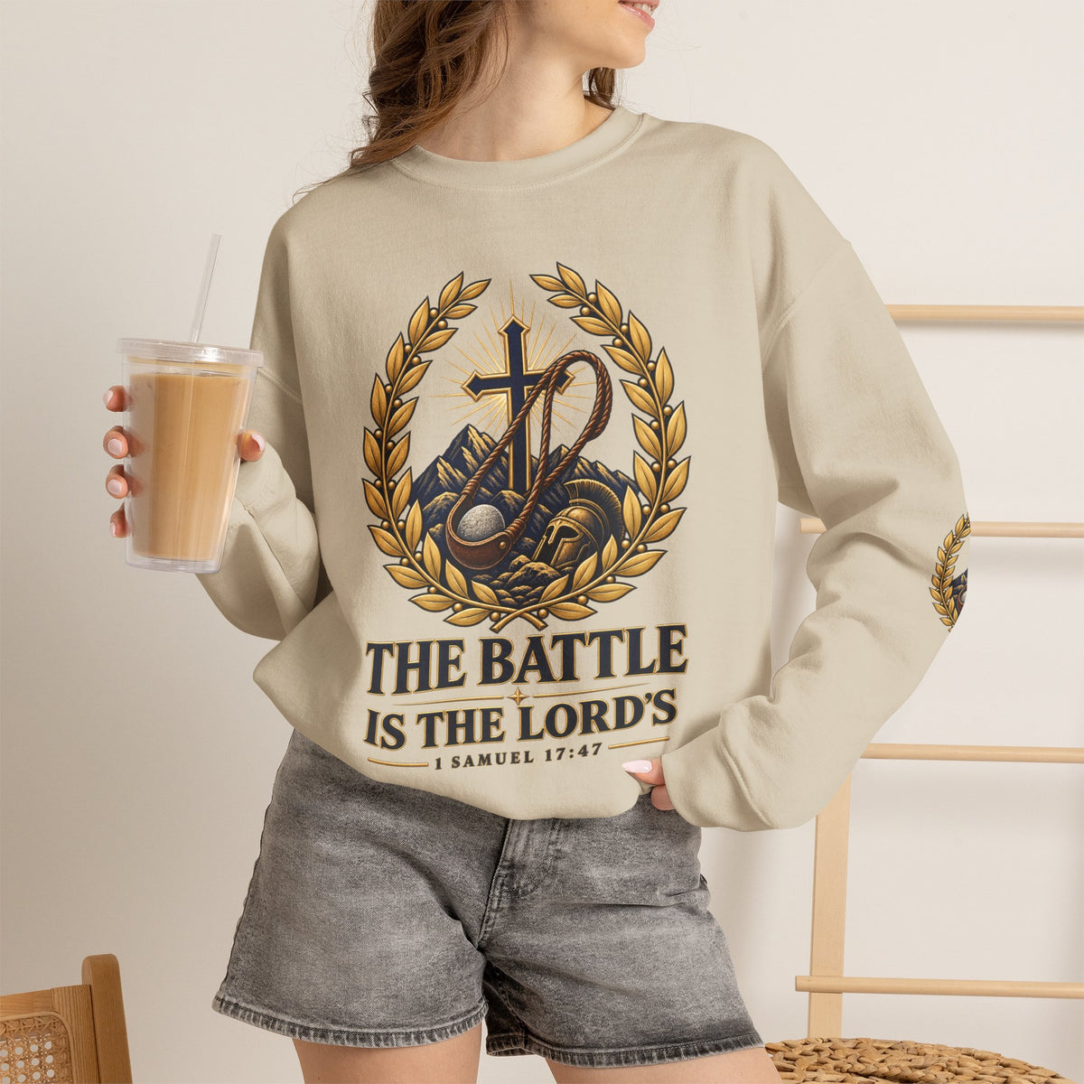 Religious Crewneck Sweatshirt — "The Battle Is The Lord's" (1 Samuel 17:47)