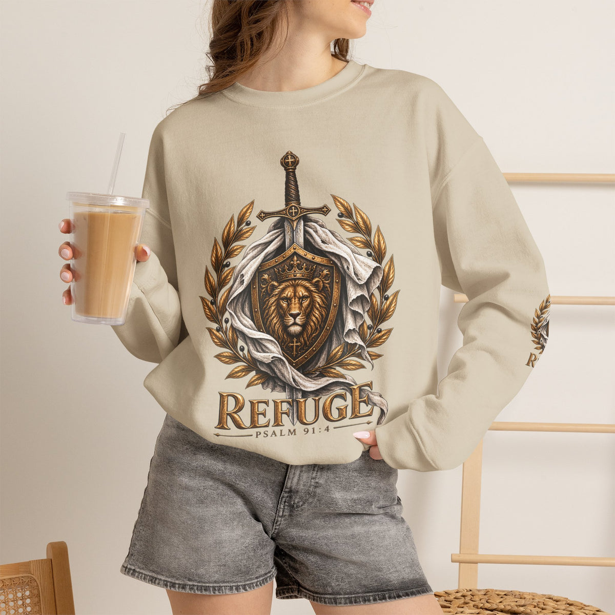Crewneck Sweatshirt — 'Refuge' Lion & Sword Psalm 91:4 Christian Pullover