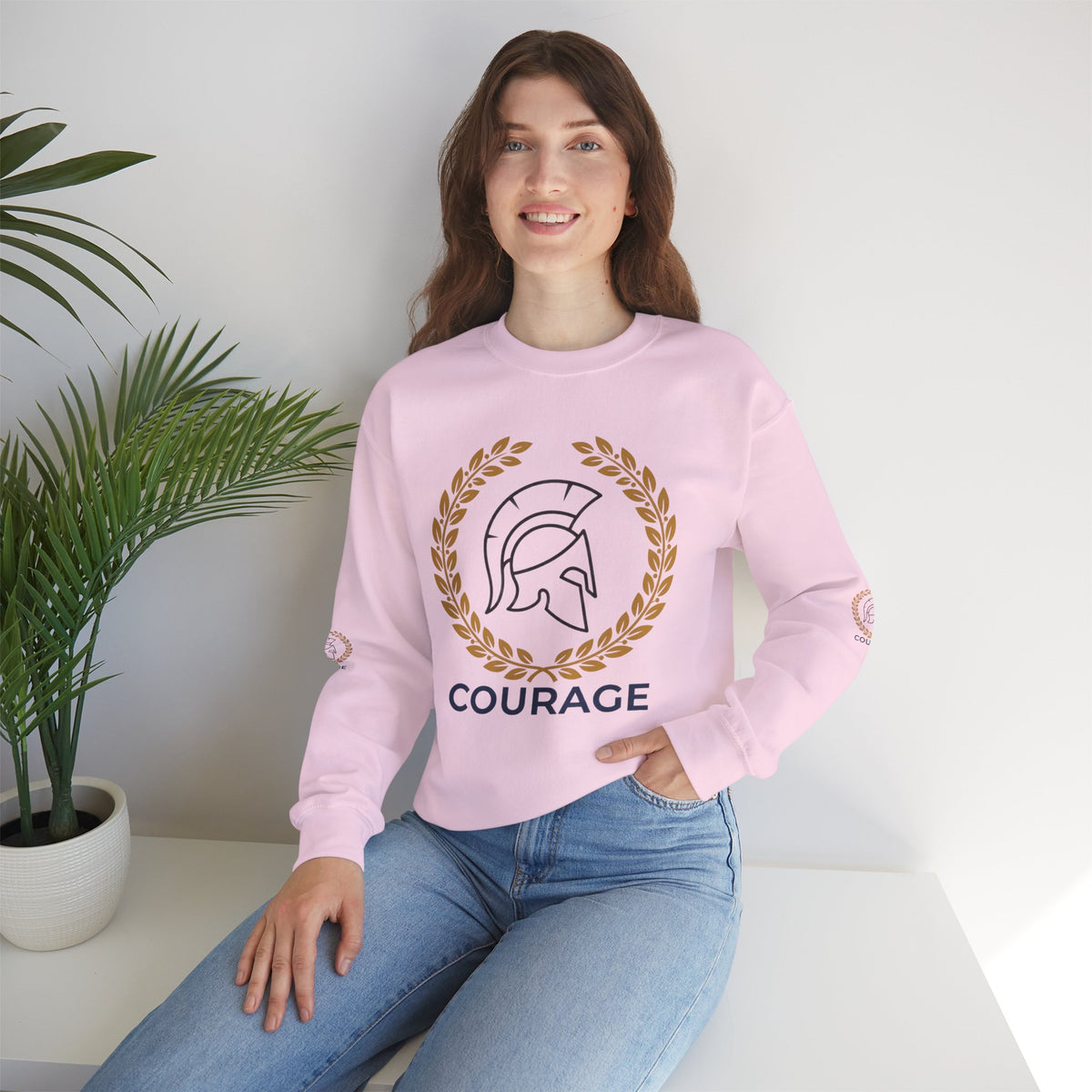 Courage Spartan Helmet Crewneck Sweatshirt — "Courage" with Laurel & Psalm 121:1-2