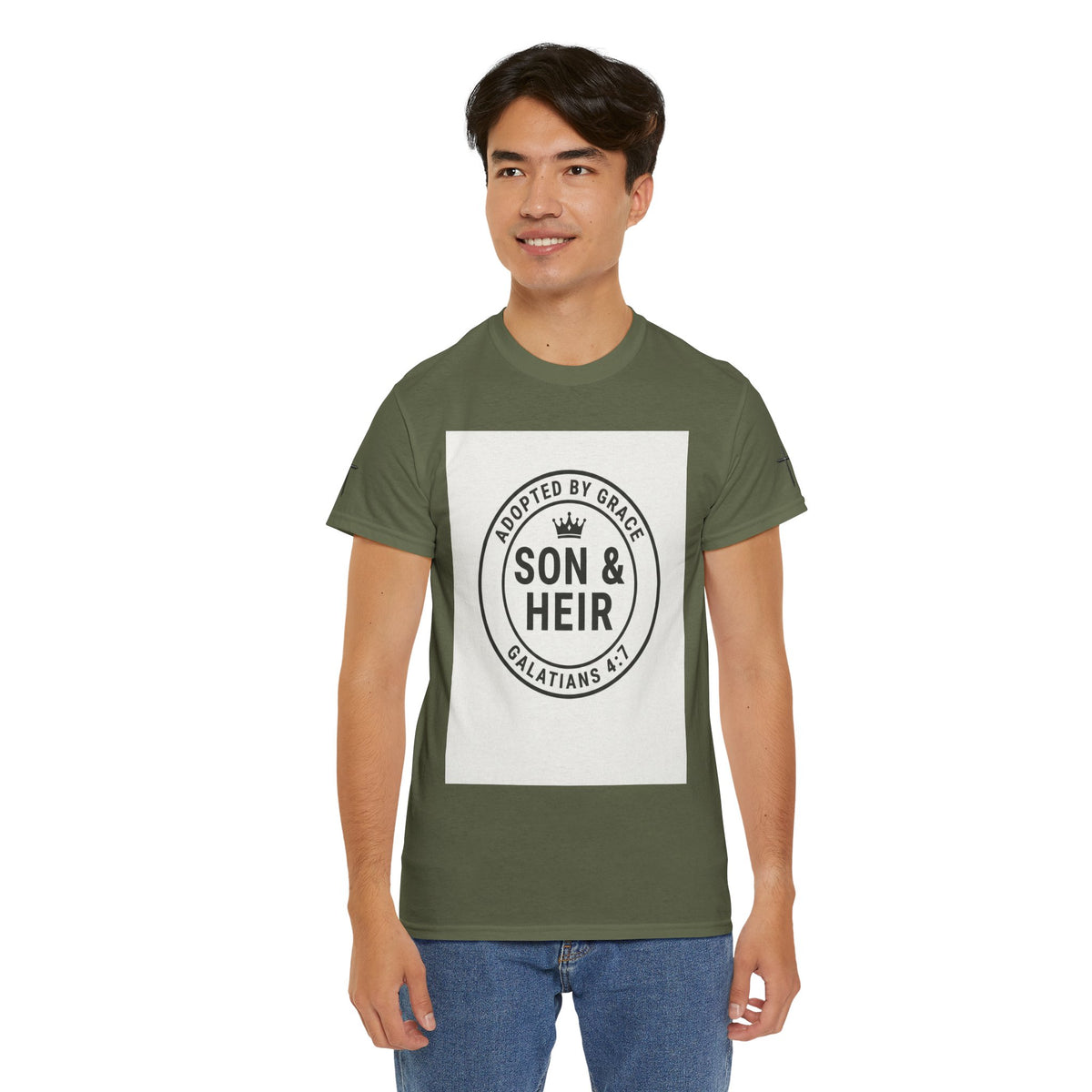 Christian Son & Heir T-Shirt — 'Adopted by Grace' Faith Tee with Jesus Prayer Design