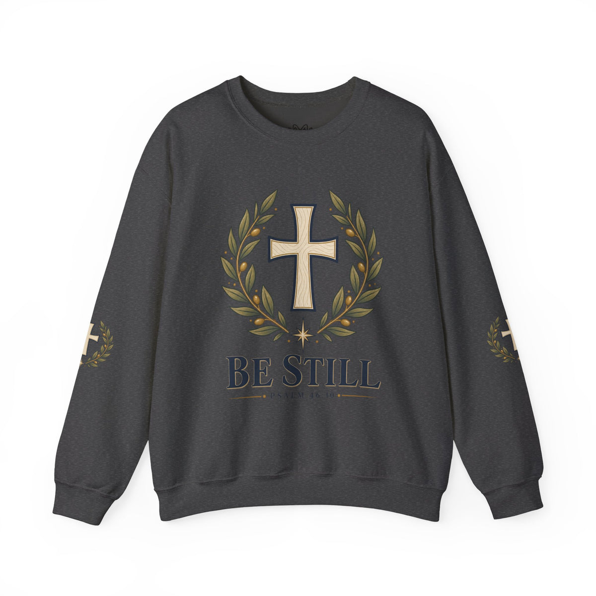 Crewneck Sweatshirt — "Be Still" Psalm 46:10 Christian Cross Design