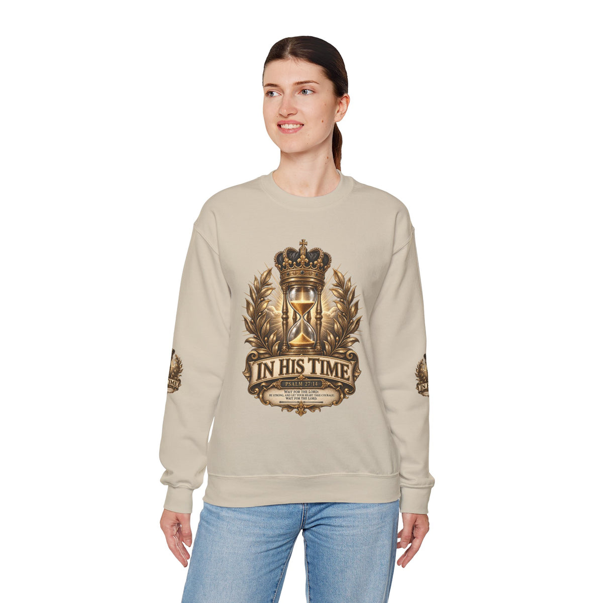 In His Time Crewneck Sweatshirt – Inspirational Christian Scripture Hourglass Design