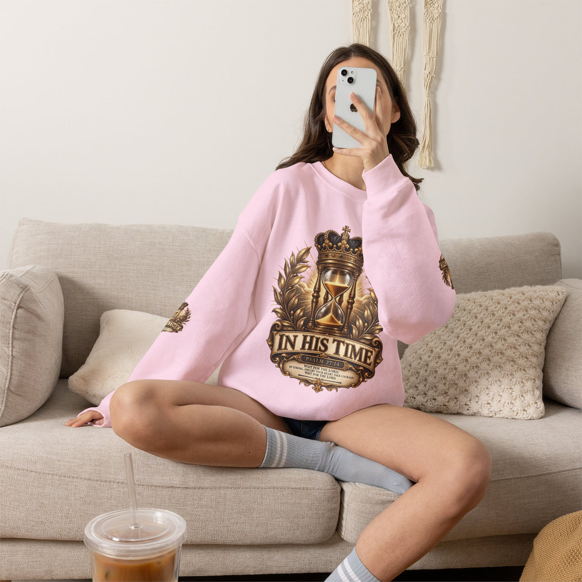 In His Time Crewneck Sweatshirt – Inspirational Christian Scripture Hourglass Design