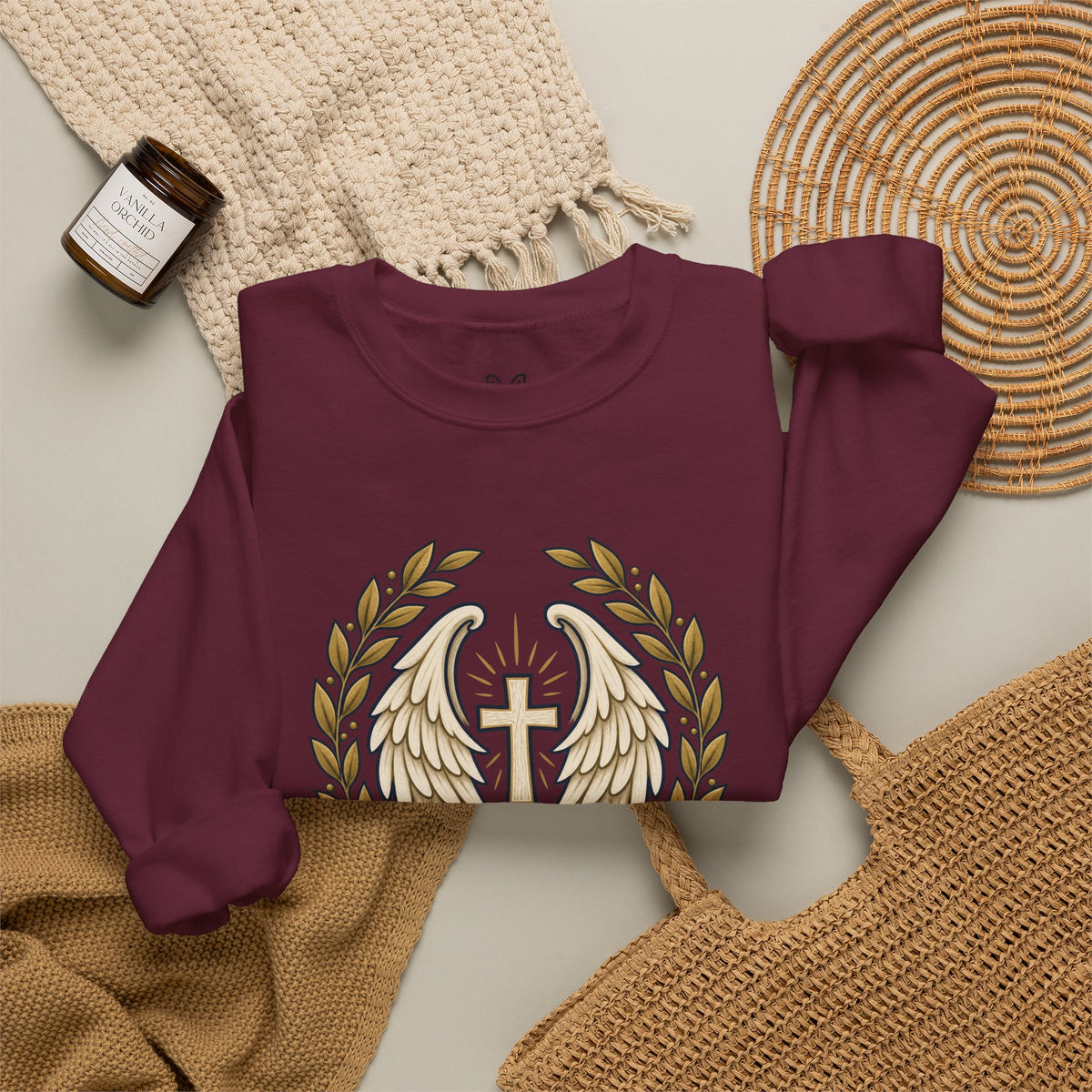 Under His Wings Crewneck Sweatshirt — Christian Cross & Angel Wings Psalm Design