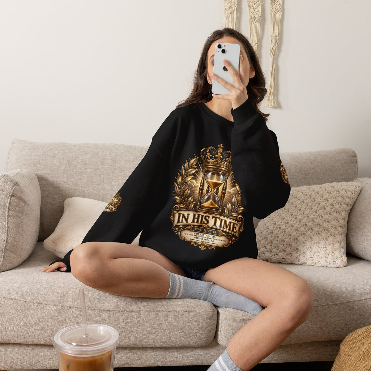 In His Time Crewneck Sweatshirt – Inspirational Christian Scripture Hourglass Design