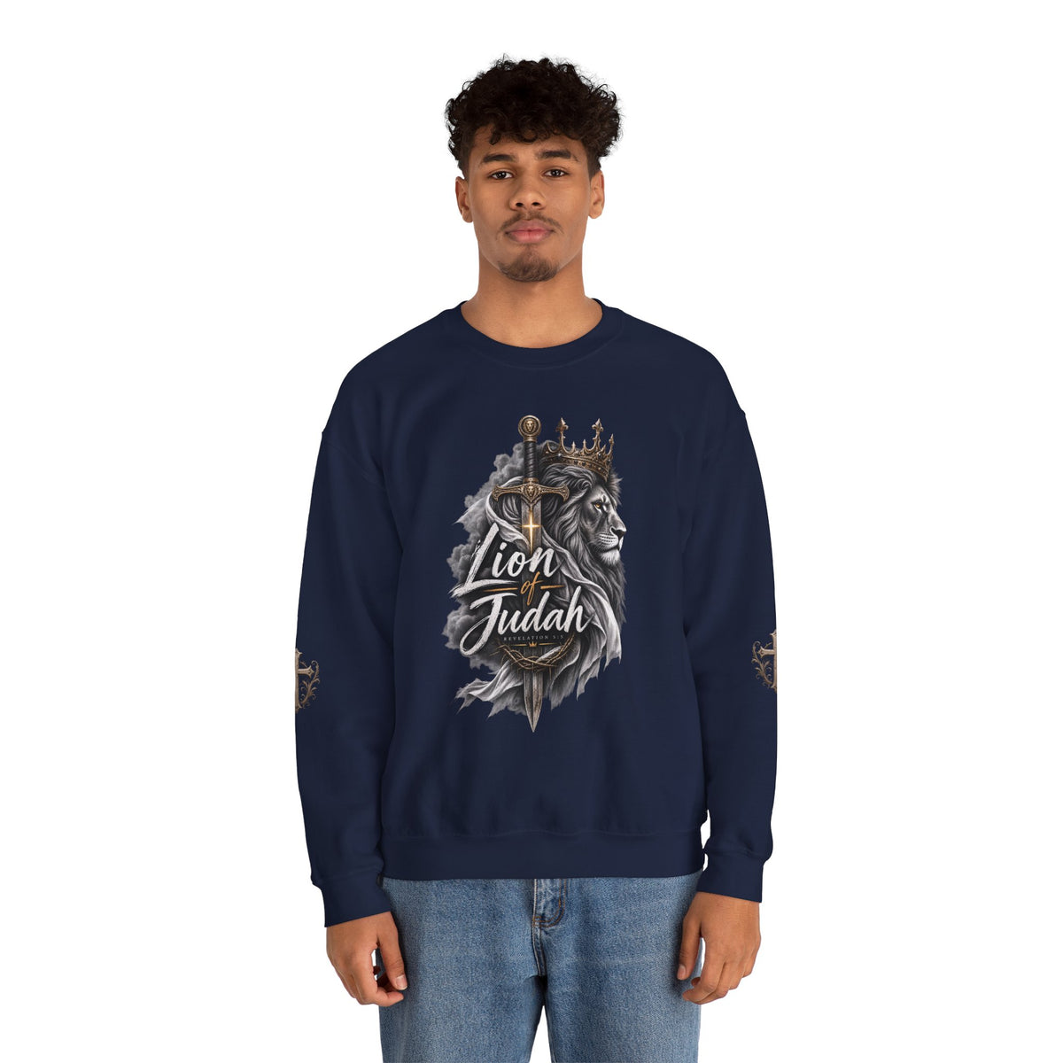 Lion of Judah Sweatshirt — Christian Lion Crewneck with Crown & Ichthys Back