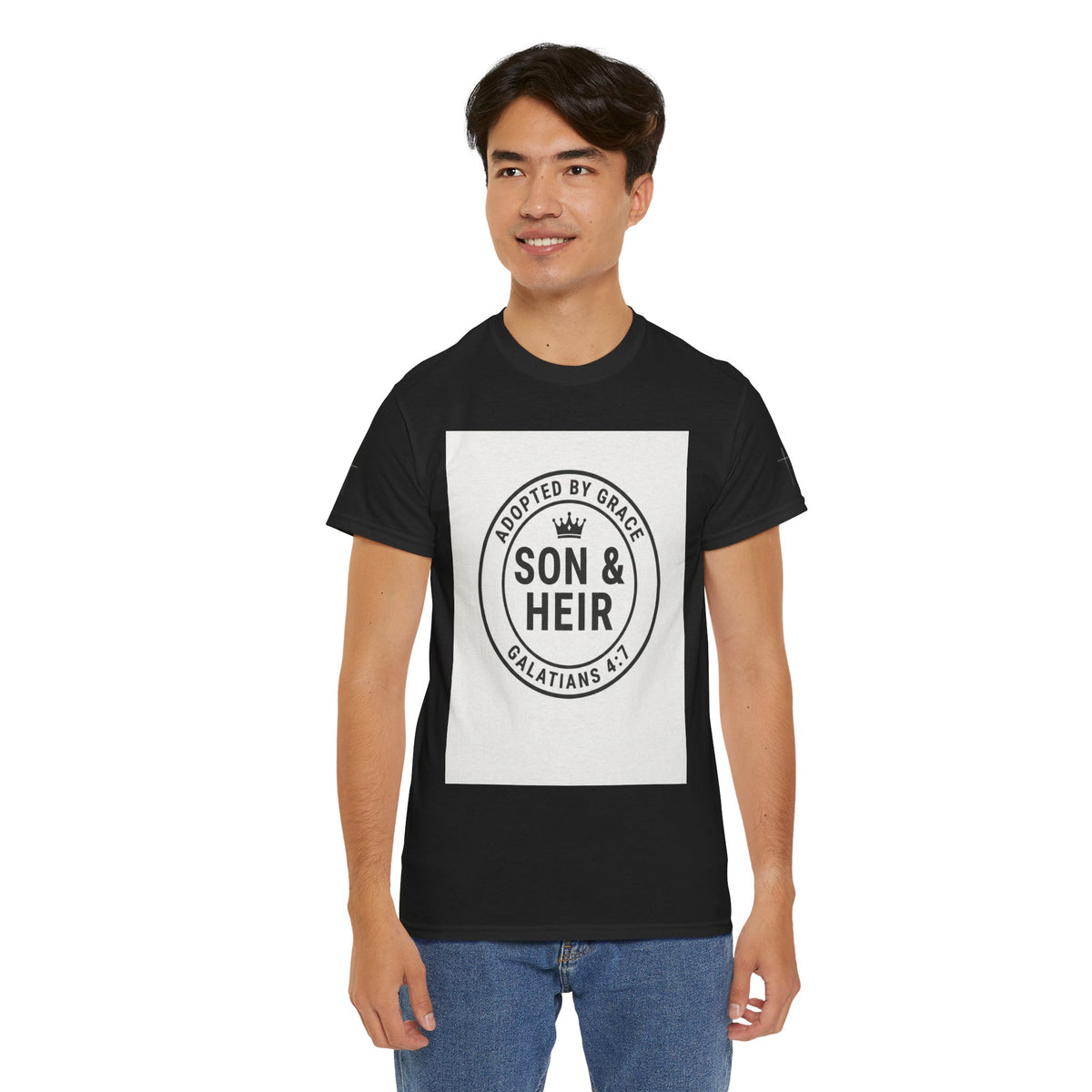 Christian Son & Heir T-Shirt — 'Adopted by Grace' Faith Tee with Jesus Prayer Design