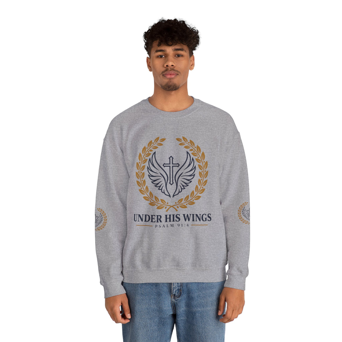 Religious Crewneck Sweatshirt – “Under His Wings” Psalm 91:4 Christian Pullover