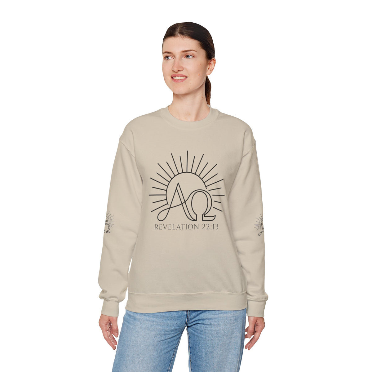 Alpha & Omega Crewneck Sweatshirt — Revelation 22:13 Christian Graphic Pullover