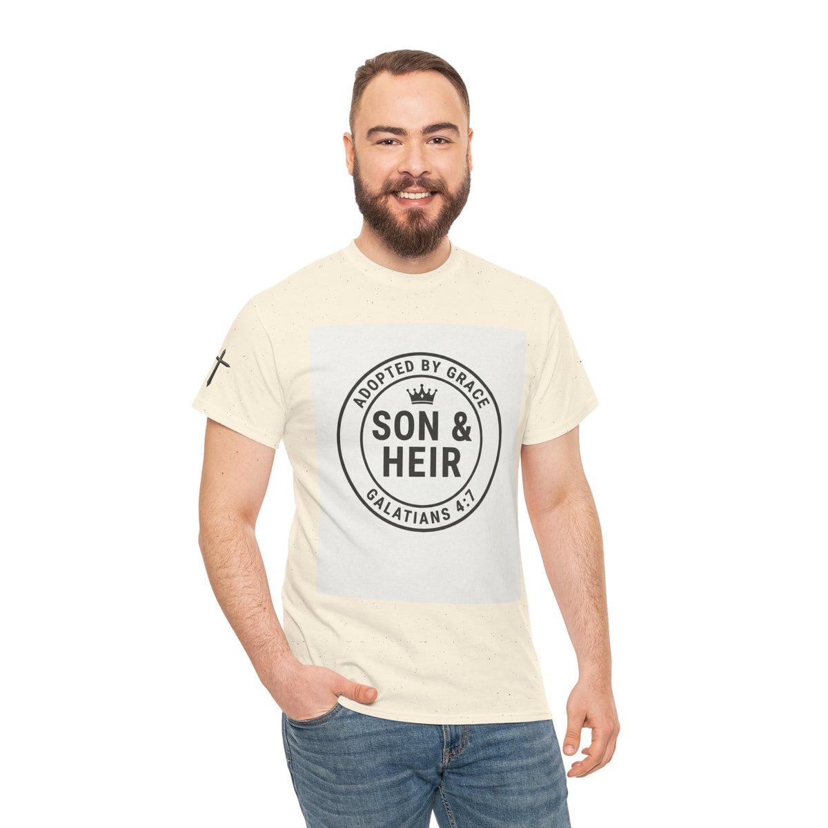 Christian Son & Heir T-Shirt — 'Adopted by Grace' Faith Tee with Jesus Prayer Design