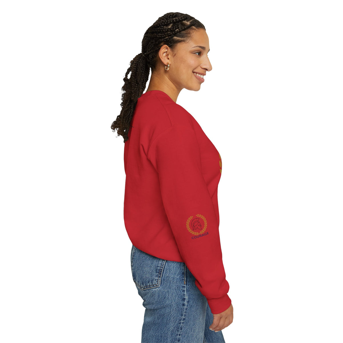 Courage Spartan Helmet Crewneck Sweatshirt — "Courage" with Laurel & Psalm 121:1-2
