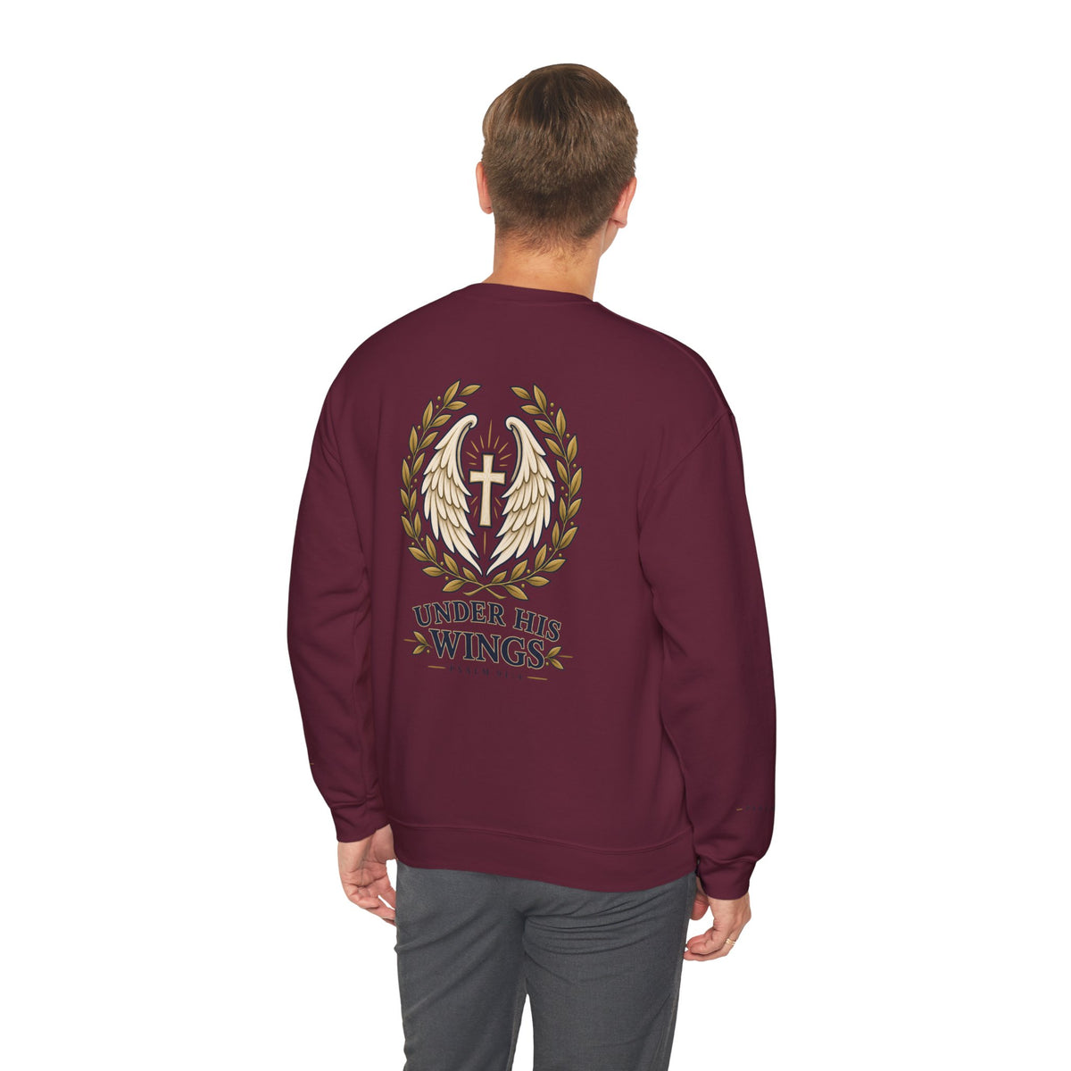 Under His Wings Crewneck Sweatshirt — Christian Cross & Angel Wings Psalm Design