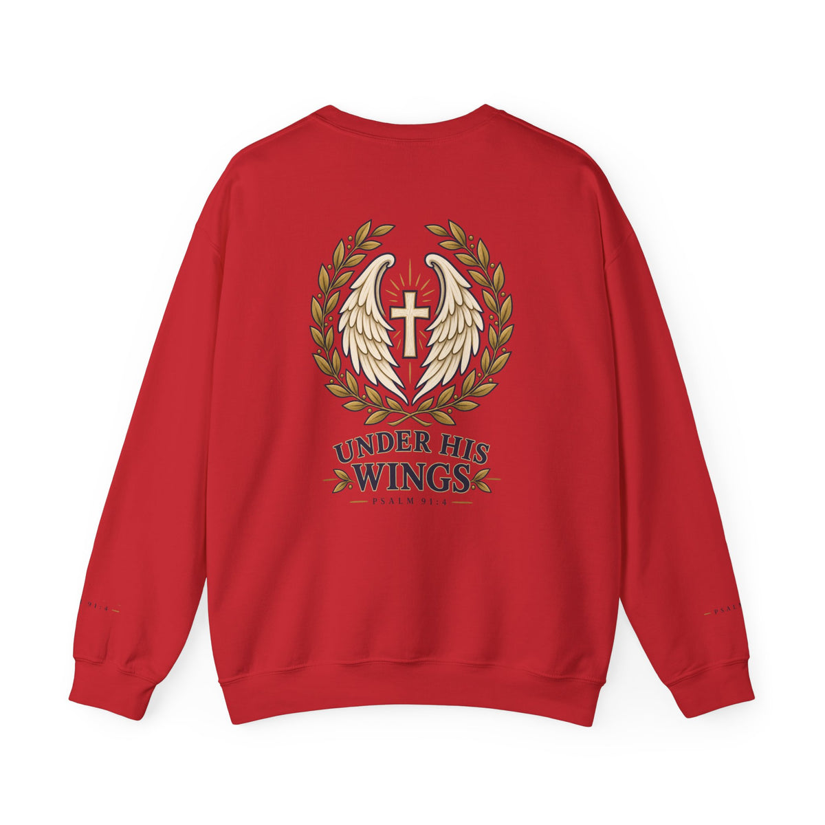 Under His Wings Crewneck Sweatshirt — Christian Cross & Angel Wings Psalm Design