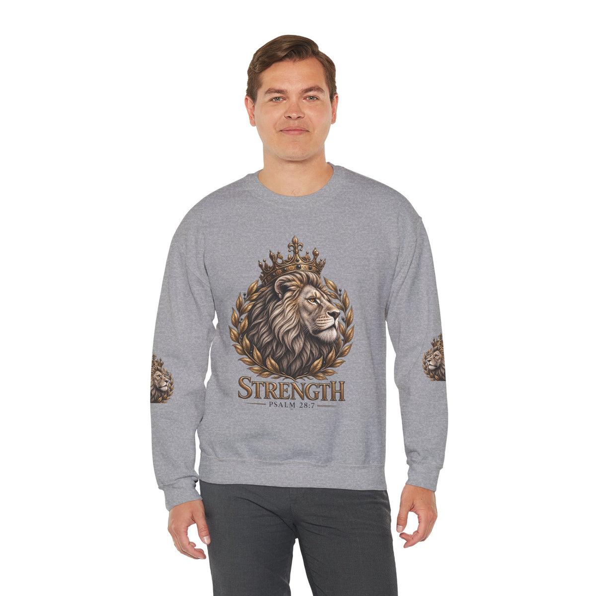 Strength Lion Crewneck Sweatshirt — Psalm 28:7 Inspirational Pullover
