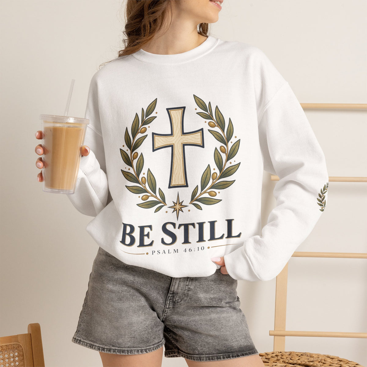 Crewneck Sweatshirt — "Be Still" Psalm 46:10 Christian Cross Design