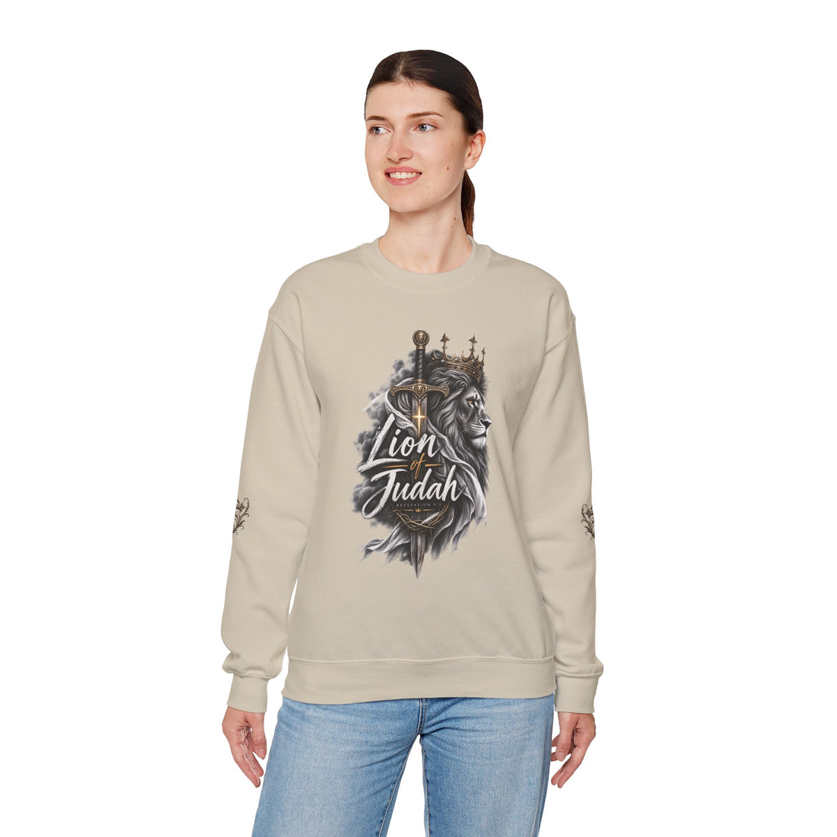 Lion of Judah Sweatshirt — Christian Lion Crewneck with Crown & Ichthys Back